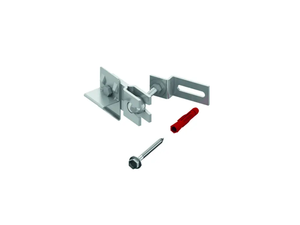 TECE Verbinder mit Kugelgelenk zur Befestigung an Wänden, bestehend aus mehreren Metallteilen und Zubehör wie einer Schraube und einem Dübel.